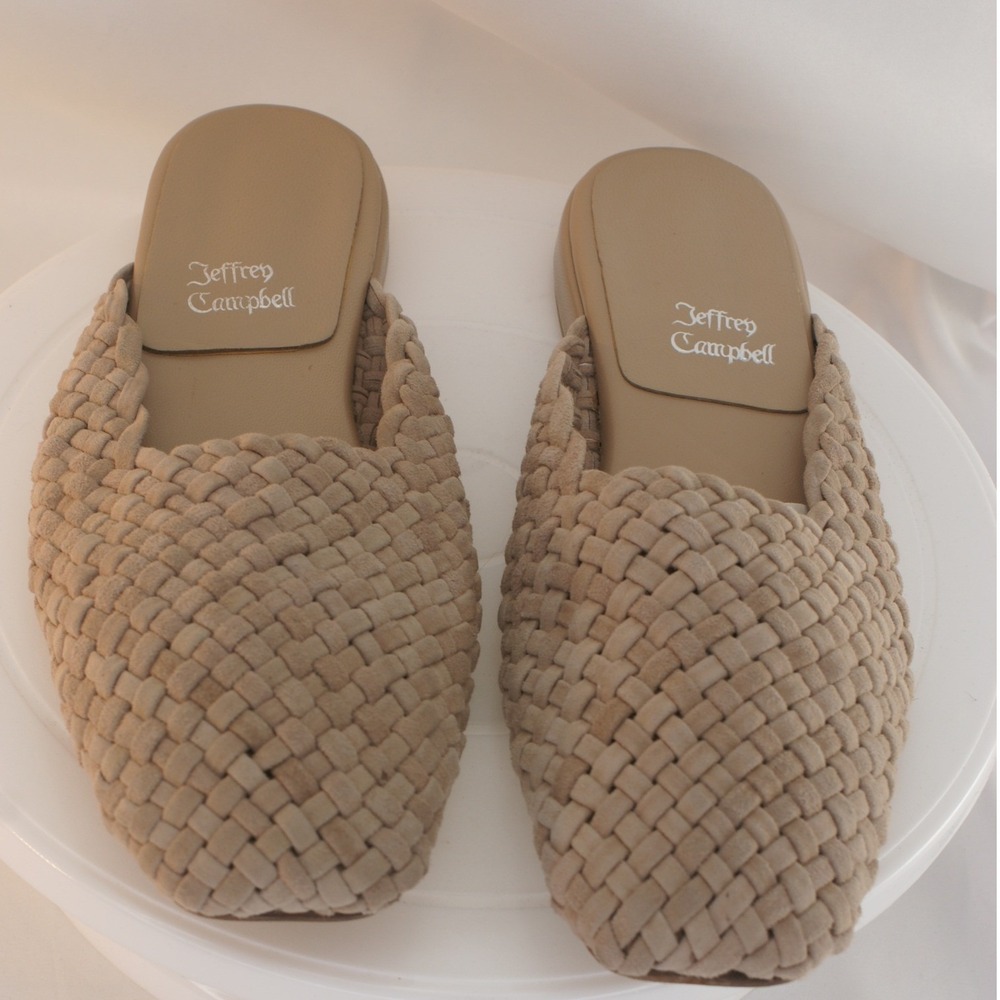 Jeffrey‎ Campbell Woven Leather Mules Tan Beige Square Toe Boho Slides Size 8 39